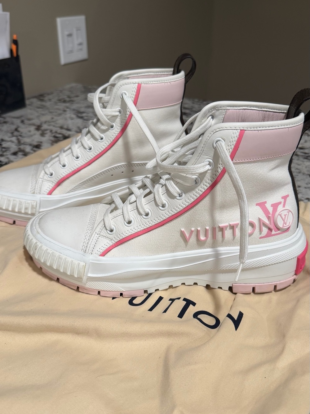 Louis Vuitton White & Pink High-Top Lace-Up Boots